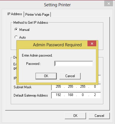 Nhập mật khẩu Admin để có thể cài đặt địa chỉ IP tĩnh cho máy in